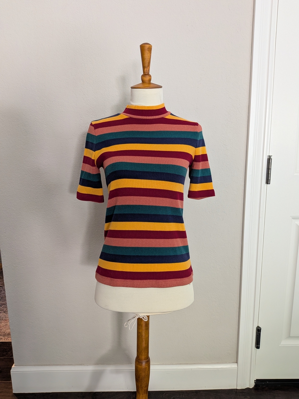 Madewell Short-Sleeve Ribbed Turtleneck Top in Mustard, Teal & Burgundy Stripes